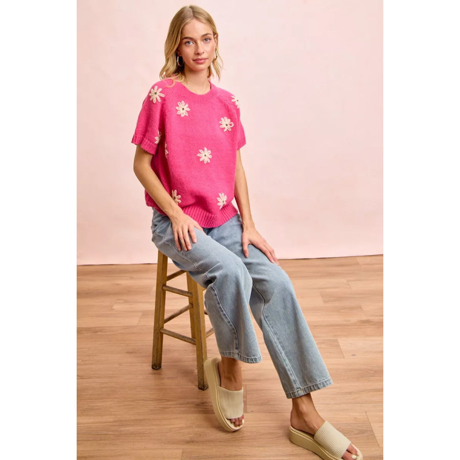 BiBi Flower Embroidered Short Sleeves Knit Top Apparel and Accessories