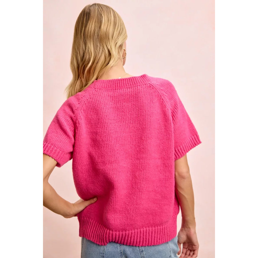 BiBi Flower Embroidered Short Sleeves Knit Top Apparel and Accessories