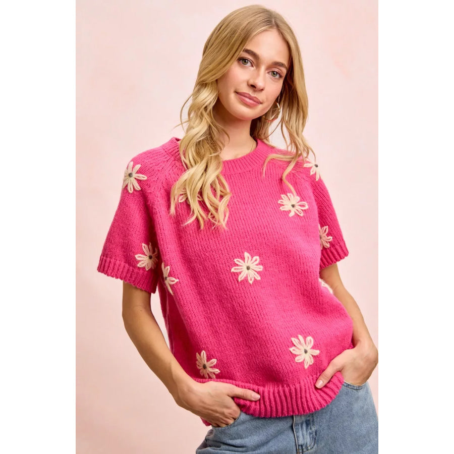 BiBi Flower Embroidered Short Sleeves Knit Top Apparel and Accessories