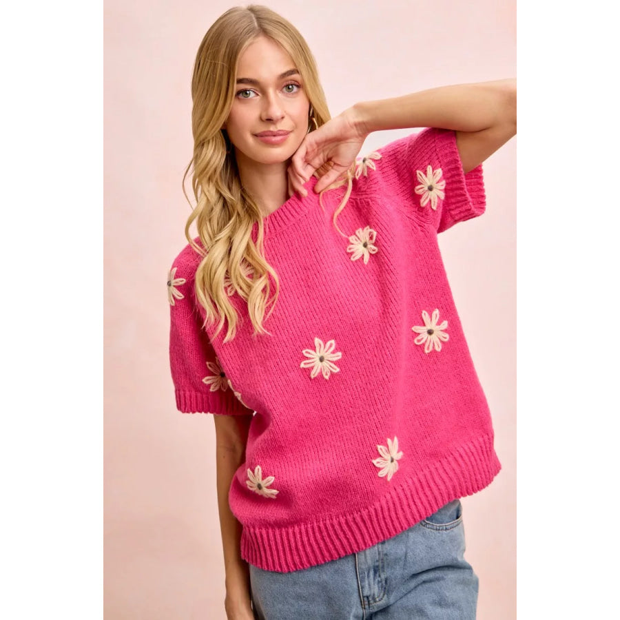 BiBi Flower Embroidered Short Sleeves Knit Top Fuchsia/Lemon / S Apparel and Accessories