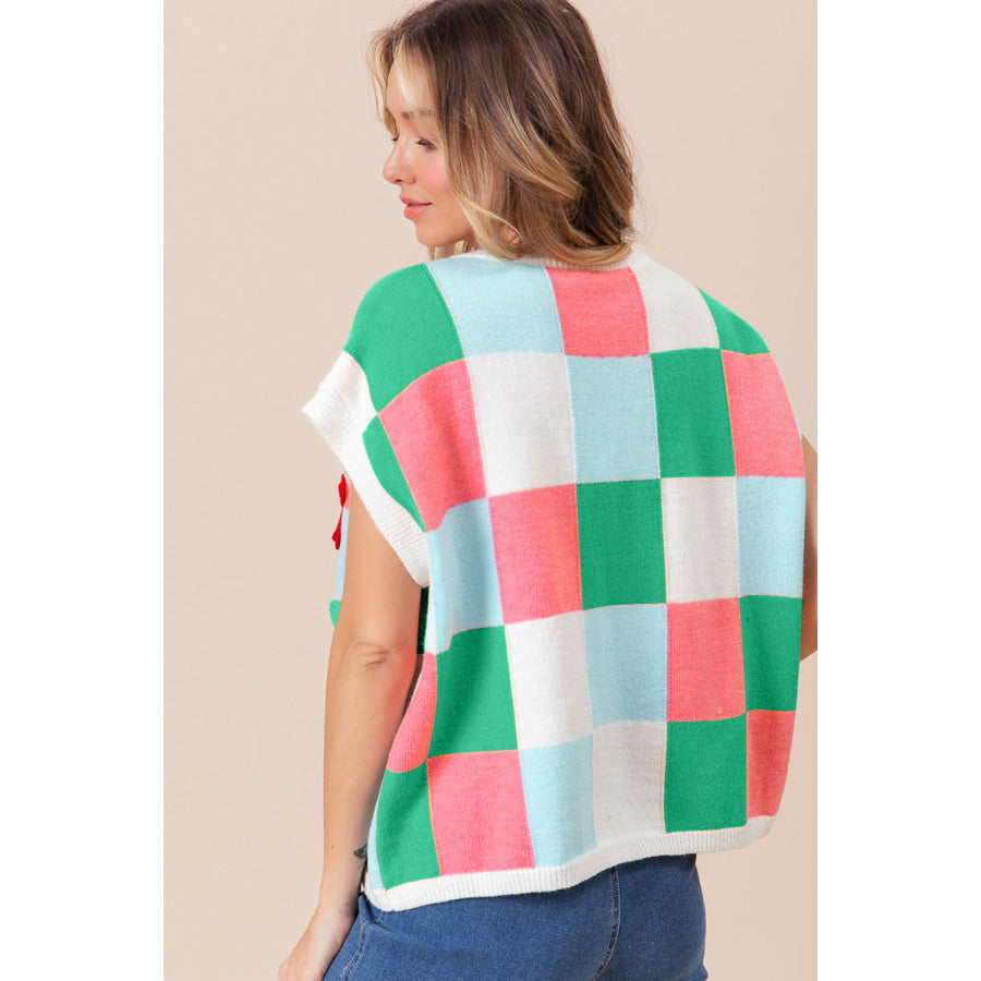 BiBi Flower Patch Checkered Sweater Vest Jade/Lt Blue/Pink / S Apparel and Accessories