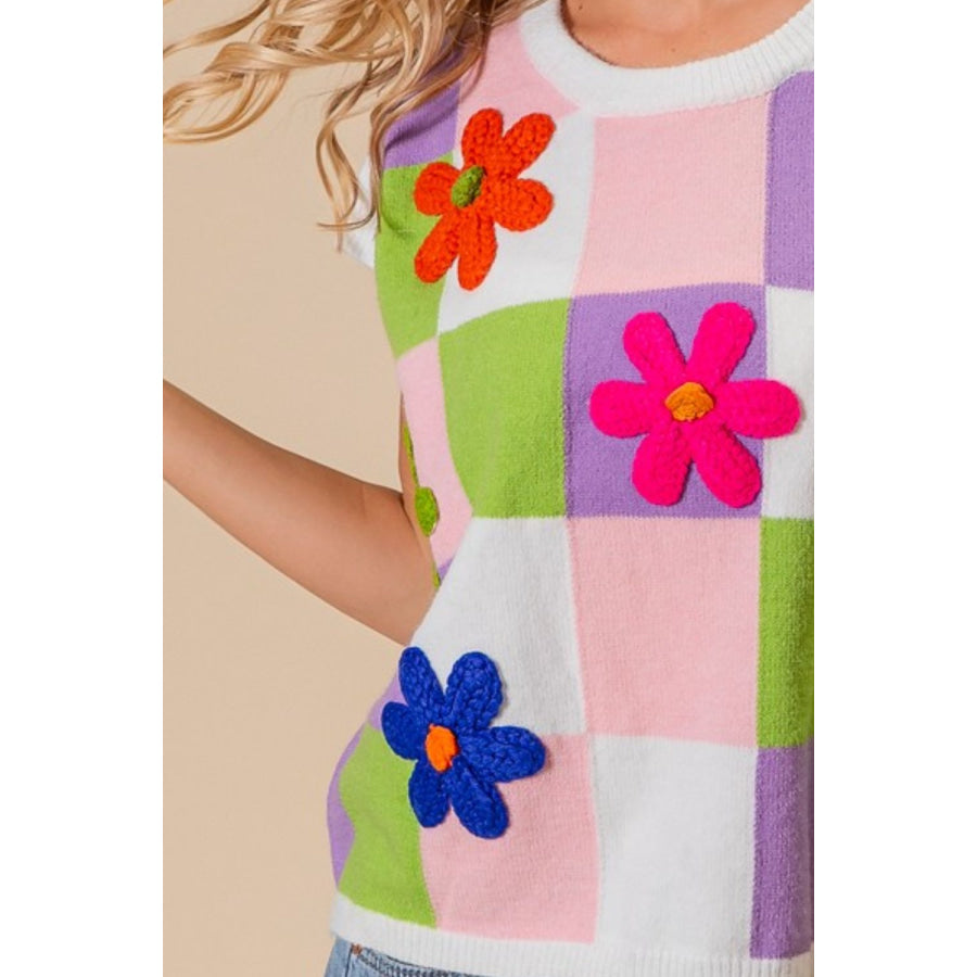 BiBi Flower Patch Checkered Sweater Vest Apparel and Accessories