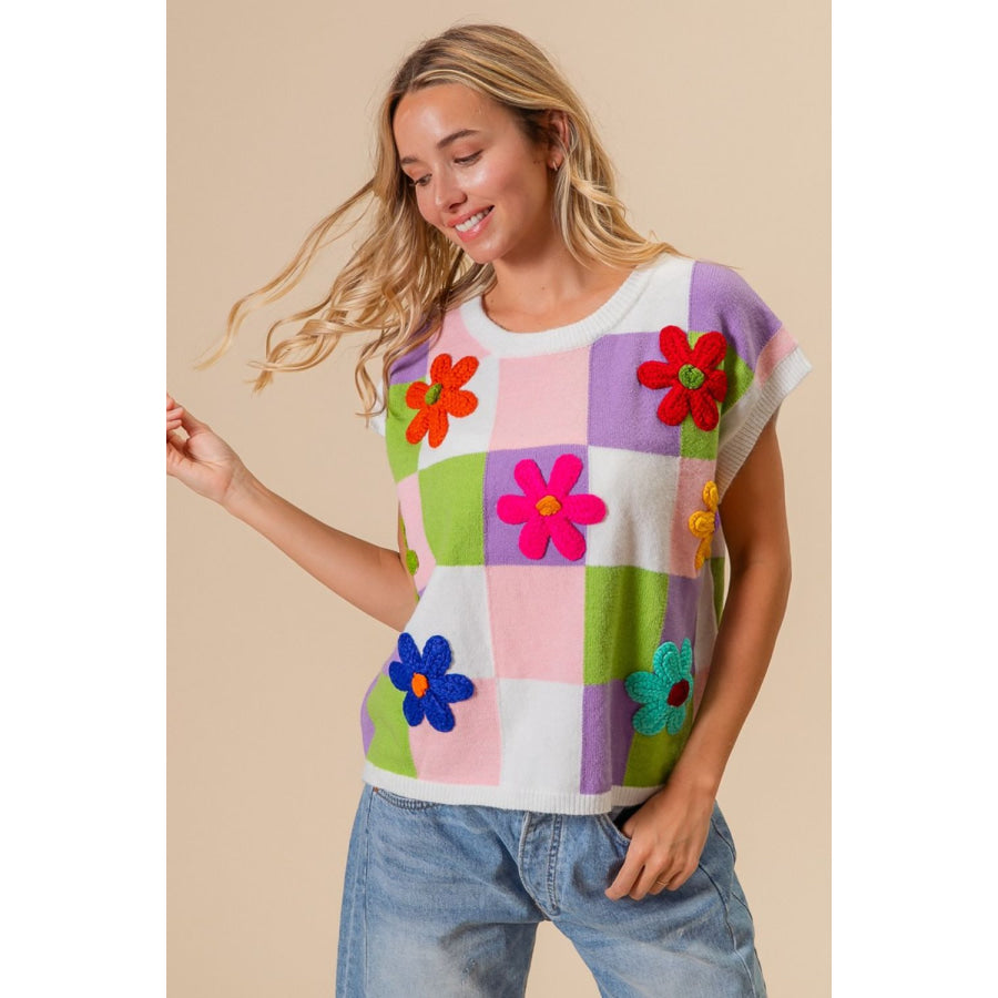 BiBi Flower Patch Checkered Sweater Vest Apparel and Accessories