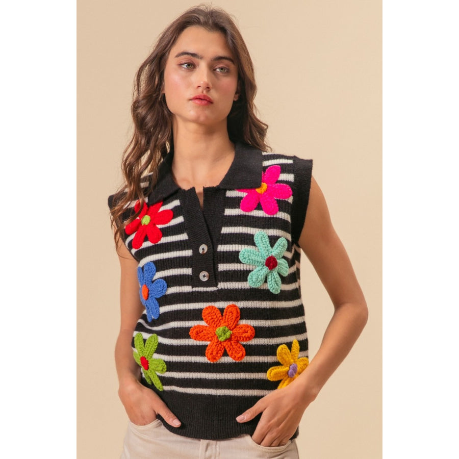 BiBi Flower Patch Striped Half Button Sweater Vest Apparel and Accessories