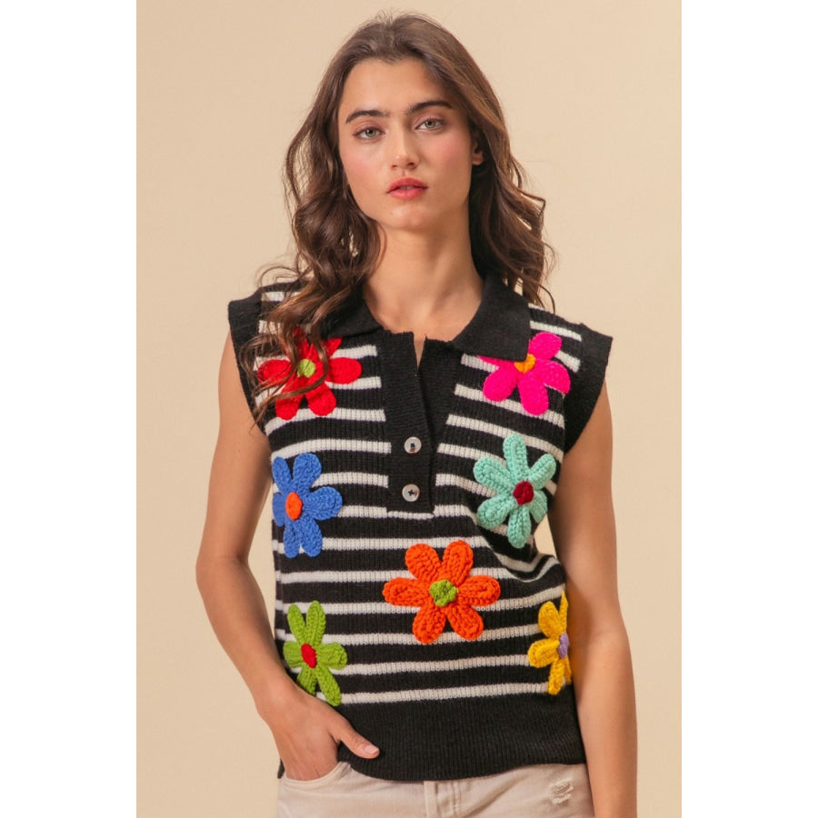 BiBi Flower Patch Striped Half Button Sweater Vest Apparel and Accessories