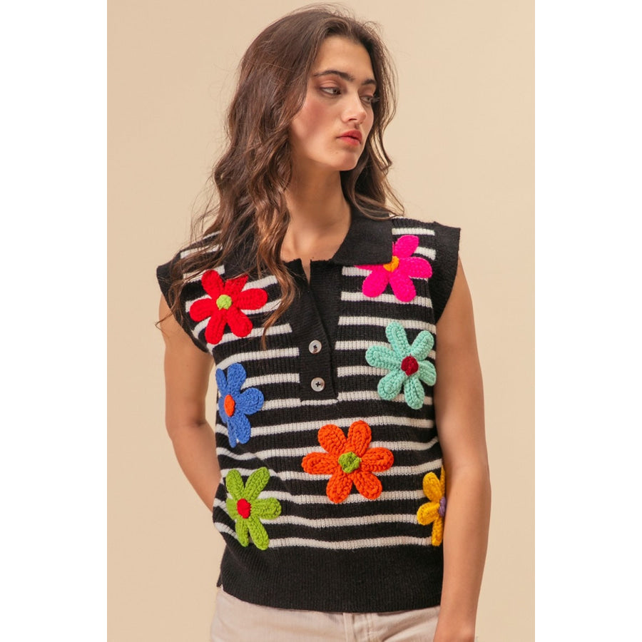 BiBi Flower Patch Striped Half Button Sweater Vest Apparel and Accessories