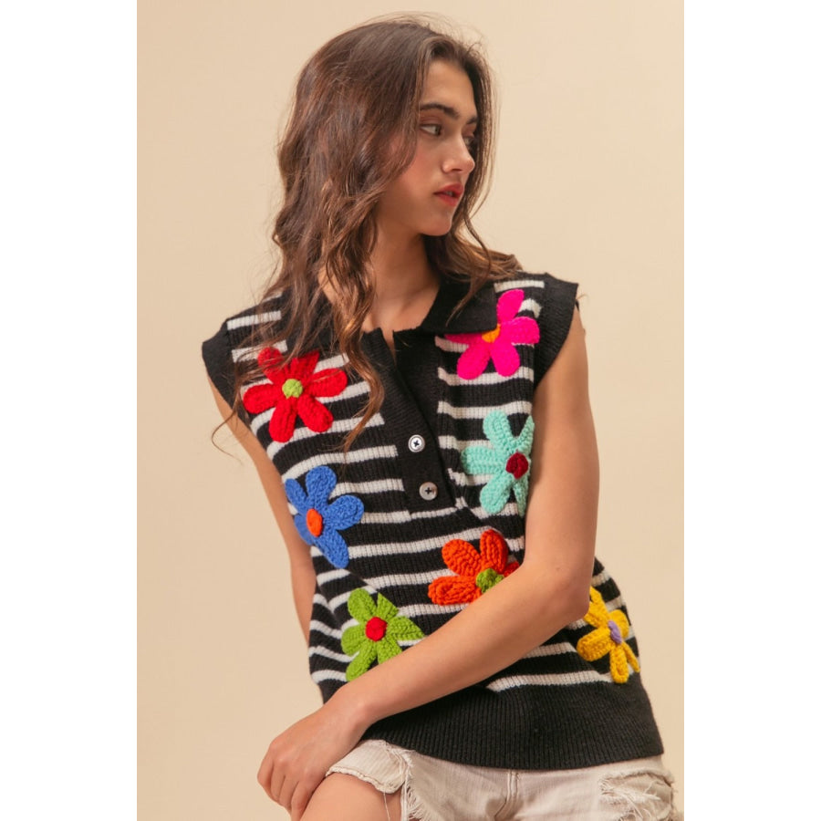 BiBi Flower Patch Striped Half Button Sweater Vest Black/Ivory / S Apparel and Accessories