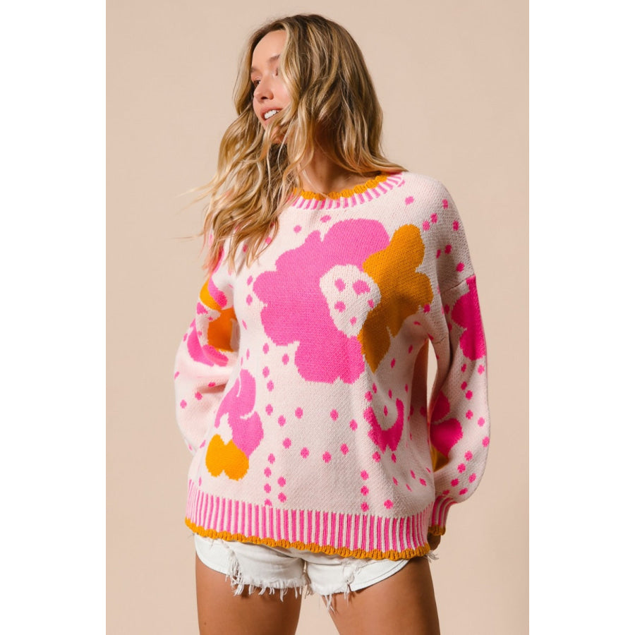 BiBi Flower Pattern Contrast Sweater Apparel and Accessories