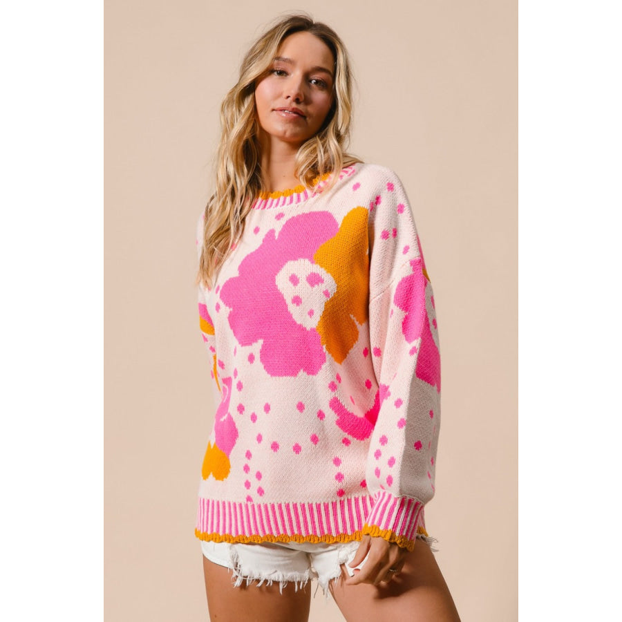 BiBi Flower Pattern Contrast Sweater Apparel and Accessories