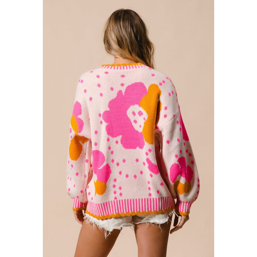 BiBi Flower Pattern Contrast Sweater Apparel and Accessories