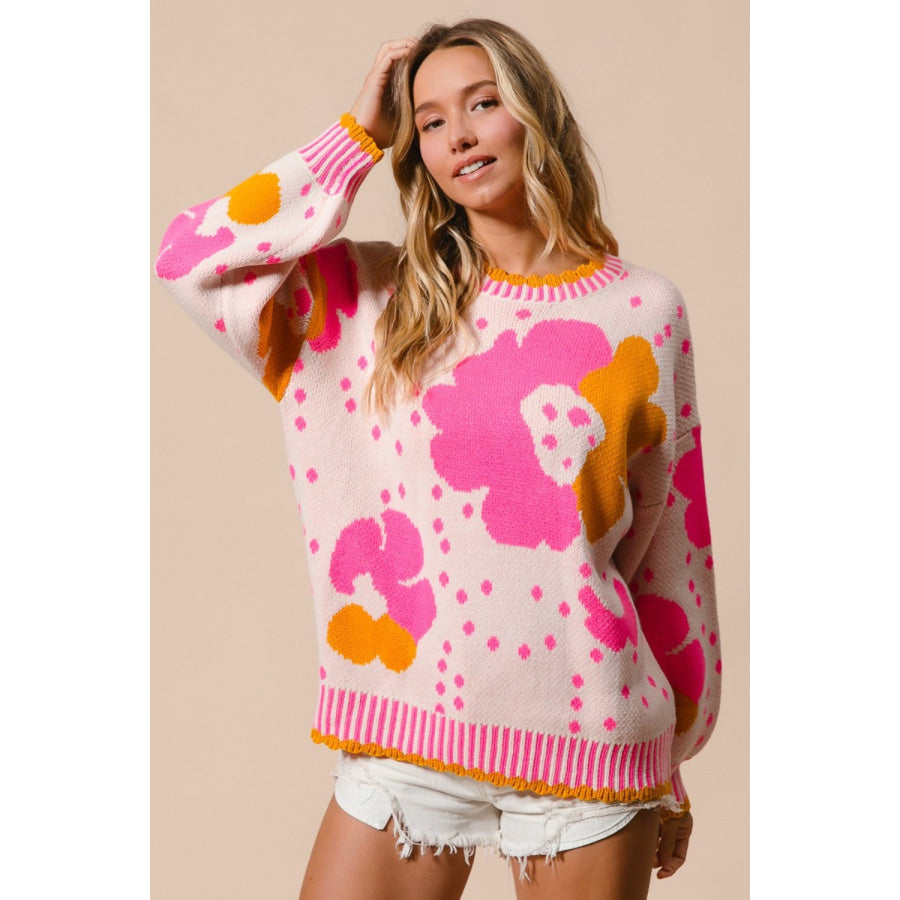 BiBi Flower Pattern Contrast Sweater Pink Combo / S Apparel and Accessories