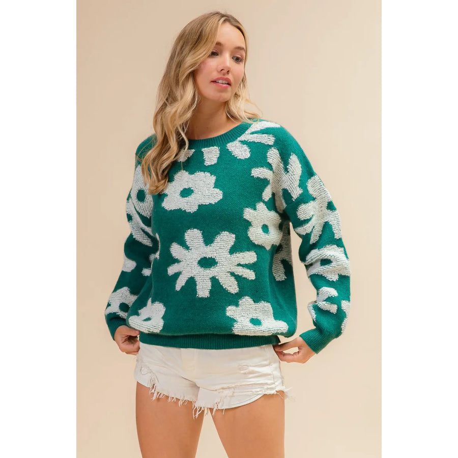 BiBi Flower Pattern Long Sleeves Sweater Top HUNTER / S Apparel and Accessories