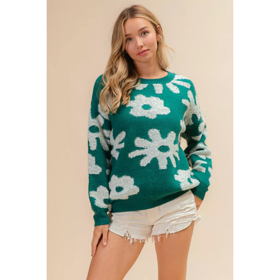 BiBi Flower Pattern Long Sleeves Sweater Top HUNTER / S Apparel and Accessories
