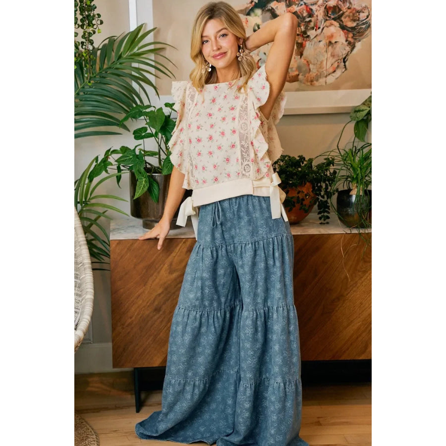 BiBi Flower Printed Ruffle Sleeve Trim Detail Top Apparel and Accessories