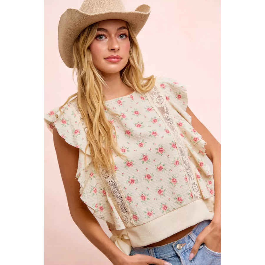 BiBi Flower Printed Ruffle Sleeve Trim Detail Top Apparel and Accessories