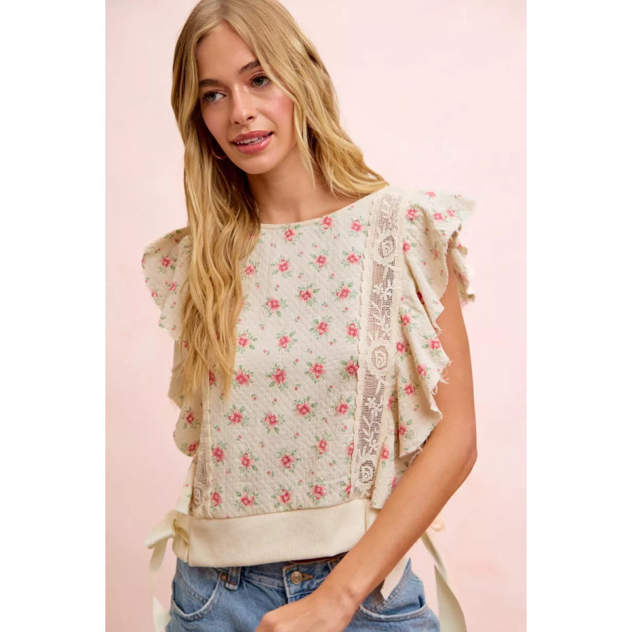 BiBi Flower Printed Ruffle Sleeve Trim Detail Top Apparel and Accessories