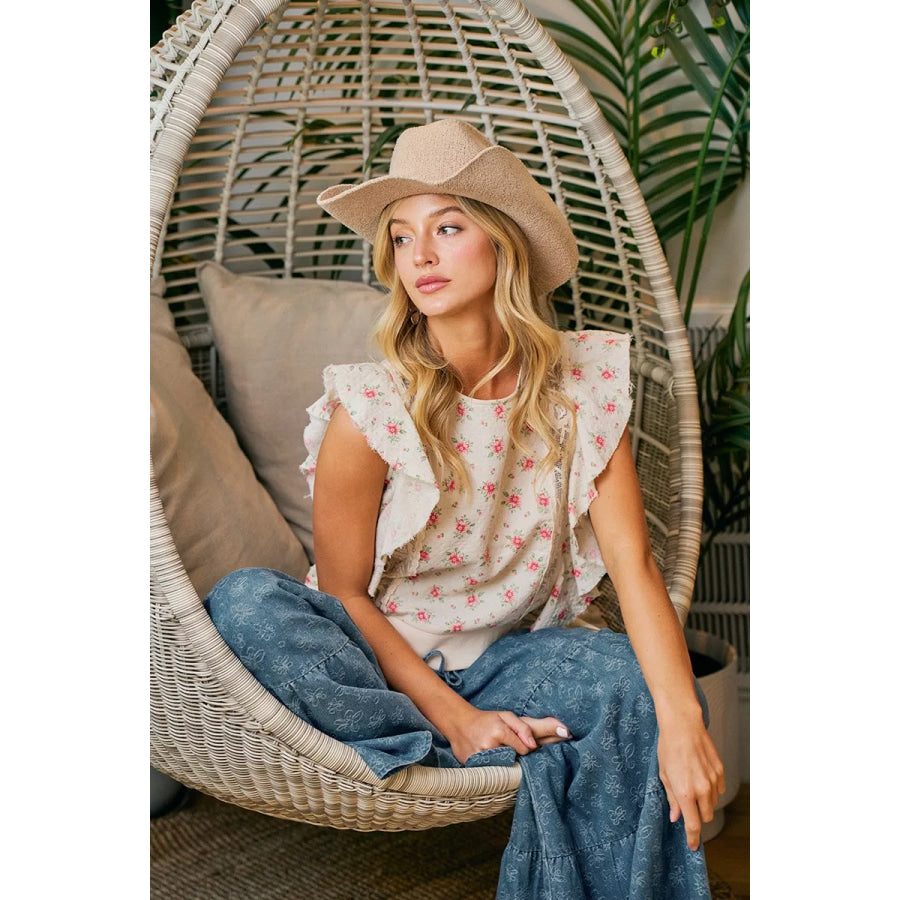 BiBi Flower Printed Ruffle Sleeve Trim Detail Top Apparel and Accessories