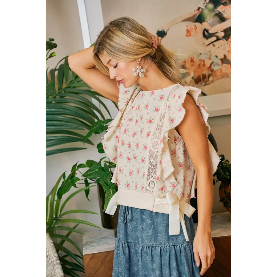 BiBi Flower Printed Ruffle Sleeve Trim Detail Top Apparel and Accessories