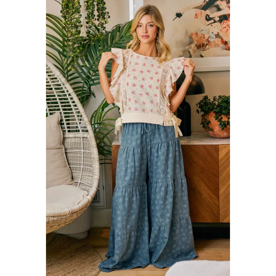 BiBi Flower Printed Ruffle Sleeve Trim Detail Top Apparel and Accessories