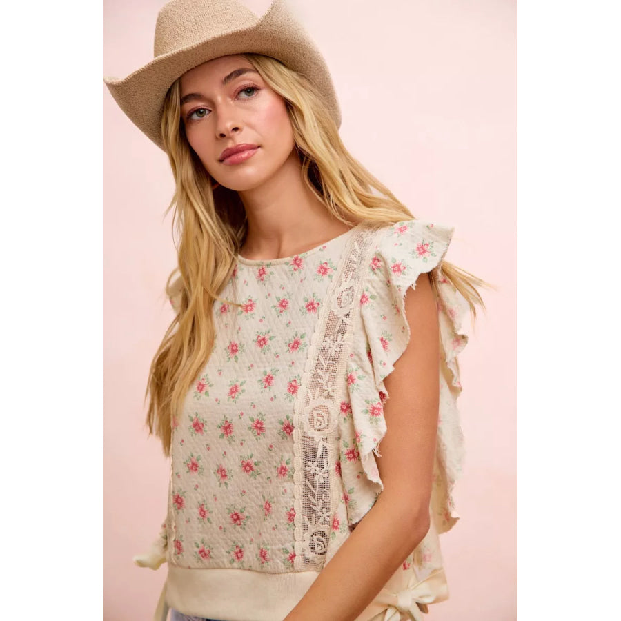 BiBi Flower Printed Ruffle Sleeve Trim Detail Top Apparel and Accessories