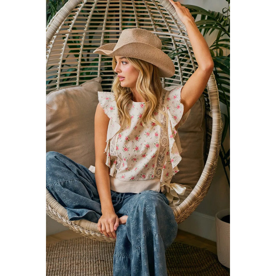 BiBi Flower Printed Ruffle Sleeve Trim Detail Top Apparel and Accessories