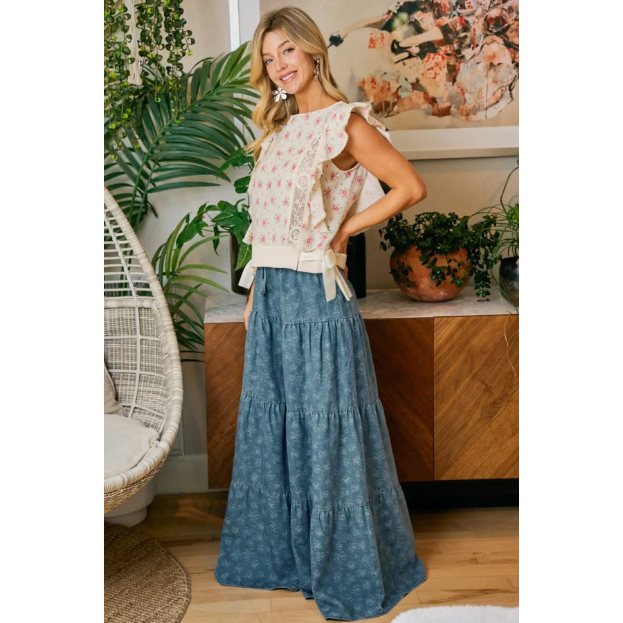 BiBi Flower Printed Ruffle Sleeve Trim Detail Top Apparel and Accessories