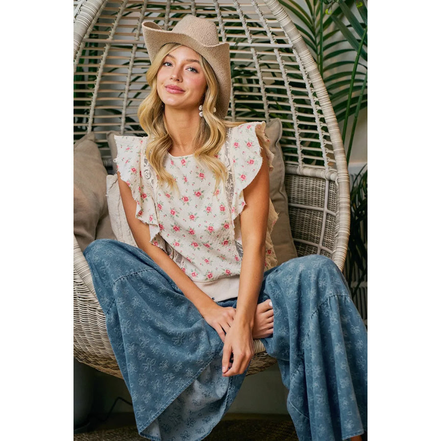 BiBi Flower Printed Ruffle Sleeve Trim Detail Top Apparel and Accessories