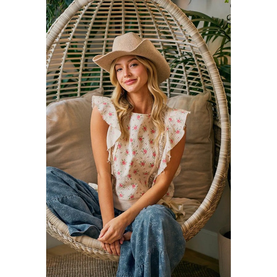 BiBi Flower Printed Ruffle Sleeve Trim Detail Top Apparel and Accessories