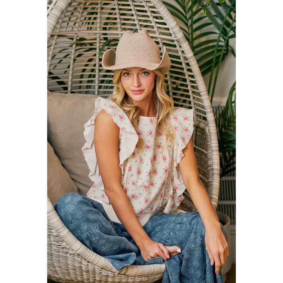 BiBi Flower Printed Ruffle Sleeve Trim Detail Top Apparel and Accessories