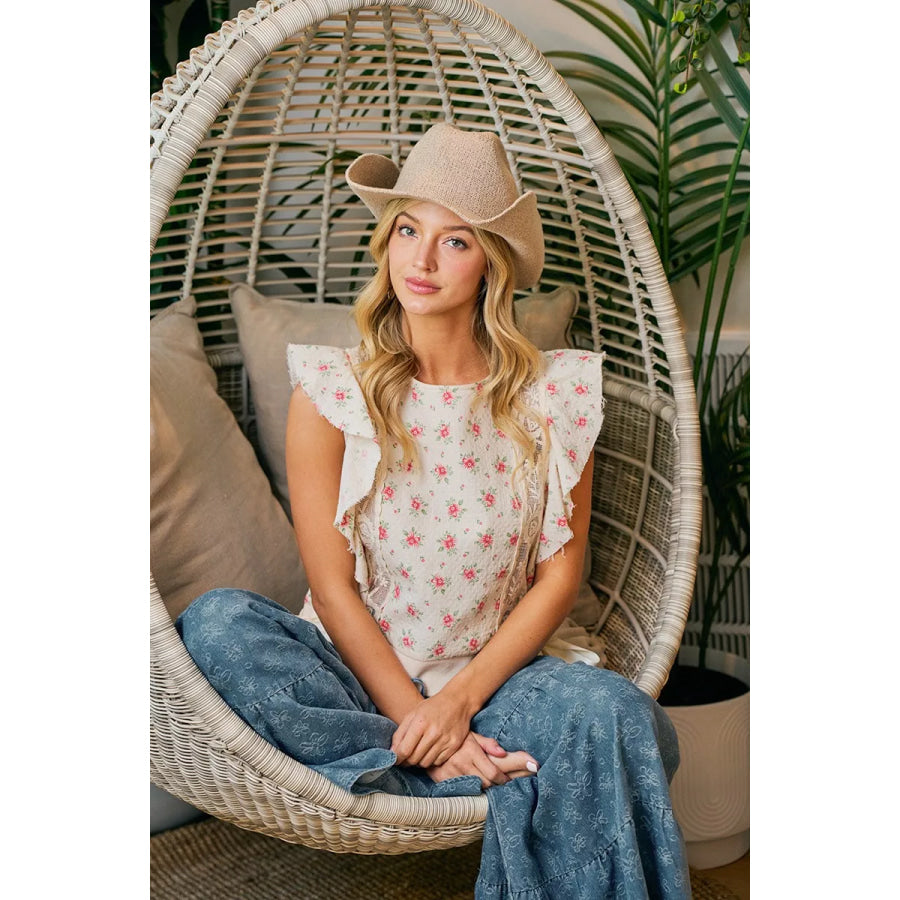 BiBi Flower Printed Ruffle Sleeve Trim Detail Top Apparel and Accessories