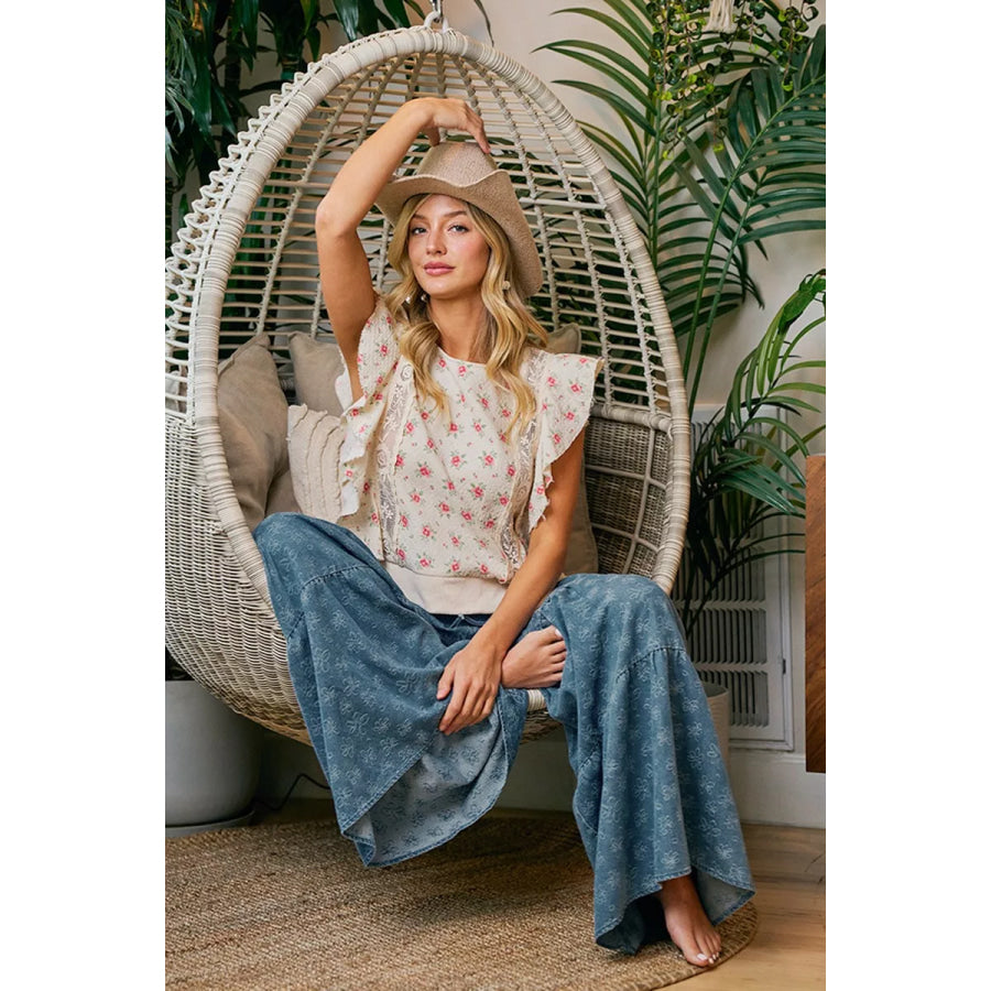 BiBi Flower Printed Ruffle Sleeve Trim Detail Top Apparel and Accessories