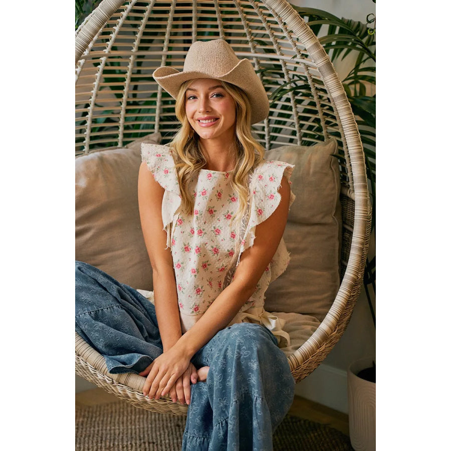 BiBi Flower Printed Ruffle Sleeve Trim Detail Top Apparel and Accessories