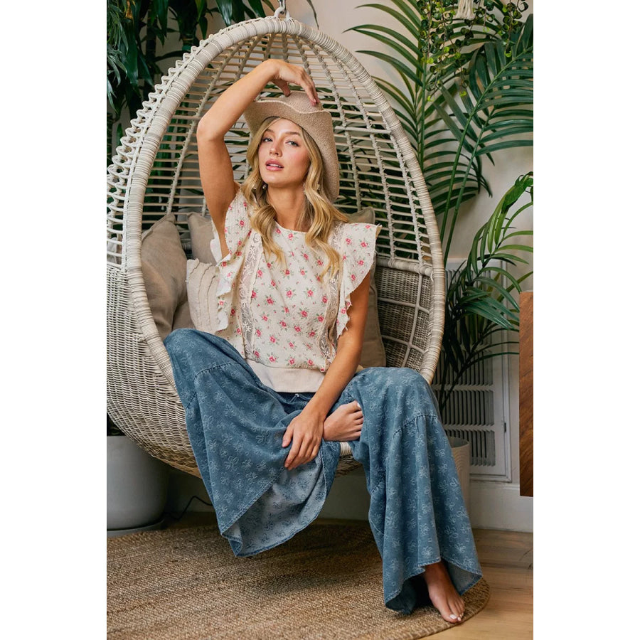 BiBi Flower Printed Ruffle Sleeve Trim Detail Top Apparel and Accessories
