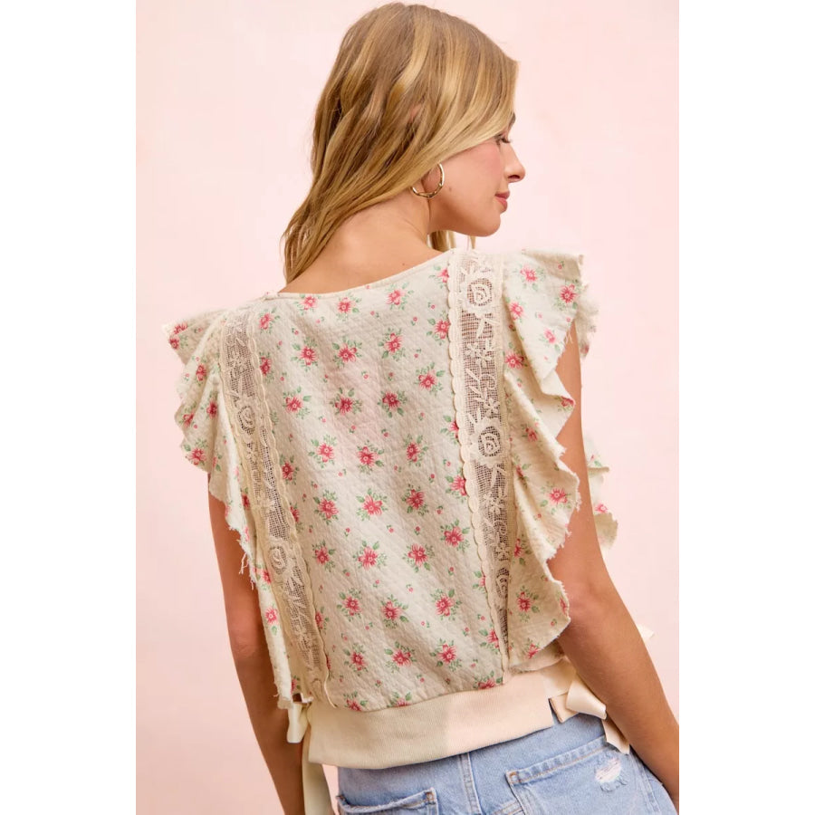 BiBi Flower Printed Ruffle Sleeve Trim Detail Top Apparel and Accessories
