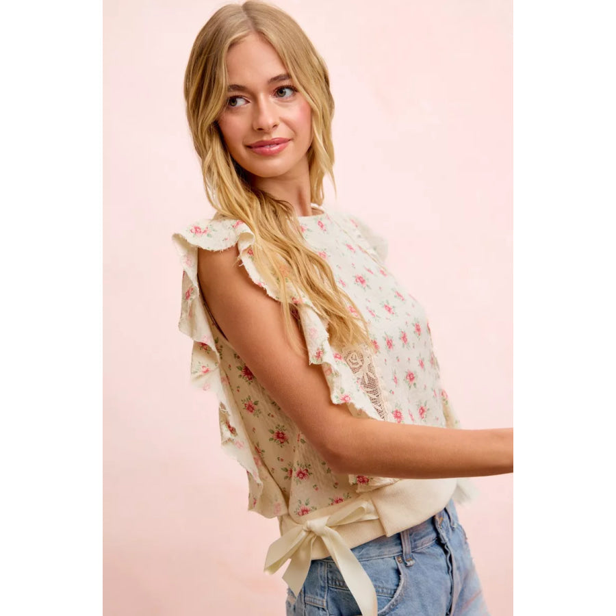 BiBi Flower Printed Ruffle Sleeve Trim Detail Top RED FLOWER / S Apparel and Accessories
