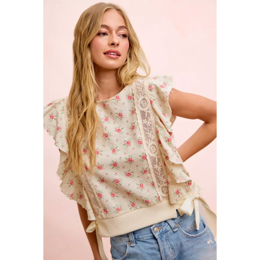 BiBi Flower Printed Ruffle Sleeve Trim Detail Top Apparel and Accessories