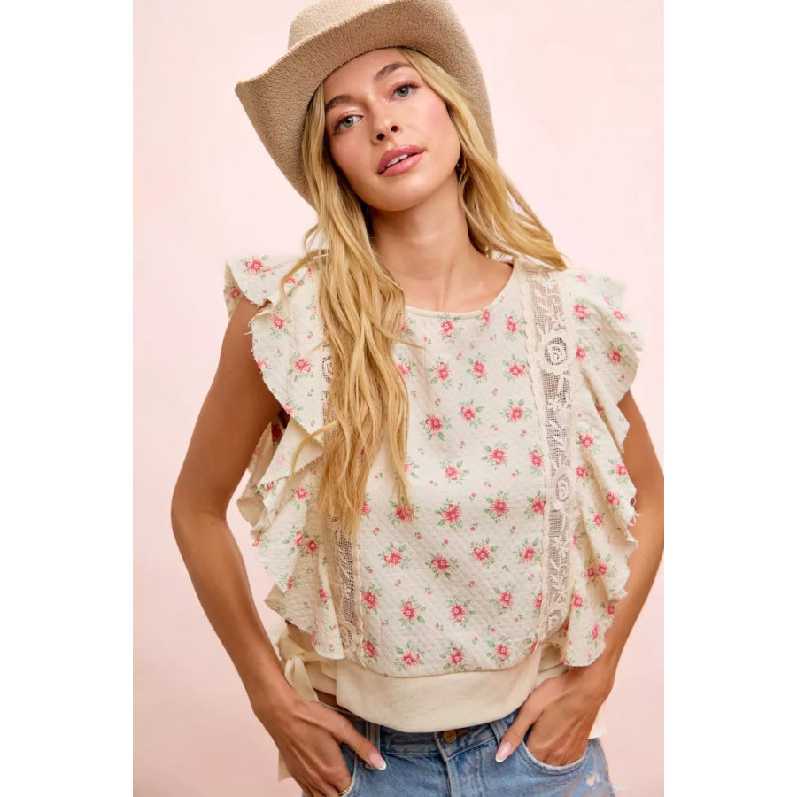 BiBi Flower Printed Ruffle Sleeve Trim Detail Top Apparel and Accessories