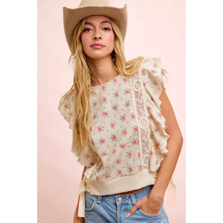BiBi Flower Printed Ruffle Sleeve Trim Detail Top Apparel and Accessories