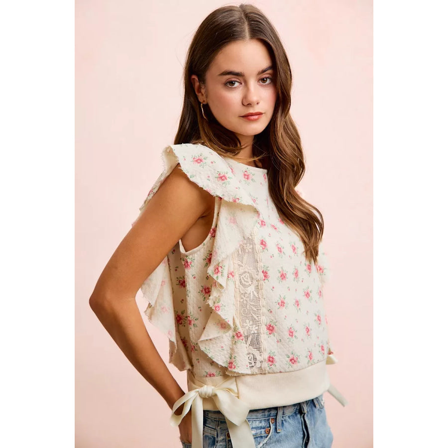 BiBi Flower Printed Ruffle Sleeve Trim Detail Top Apparel and Accessories