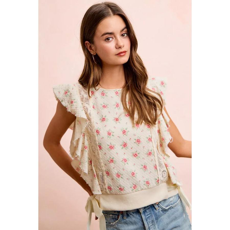 BiBi Flower Printed Ruffle Sleeve Trim Detail Top Apparel and Accessories