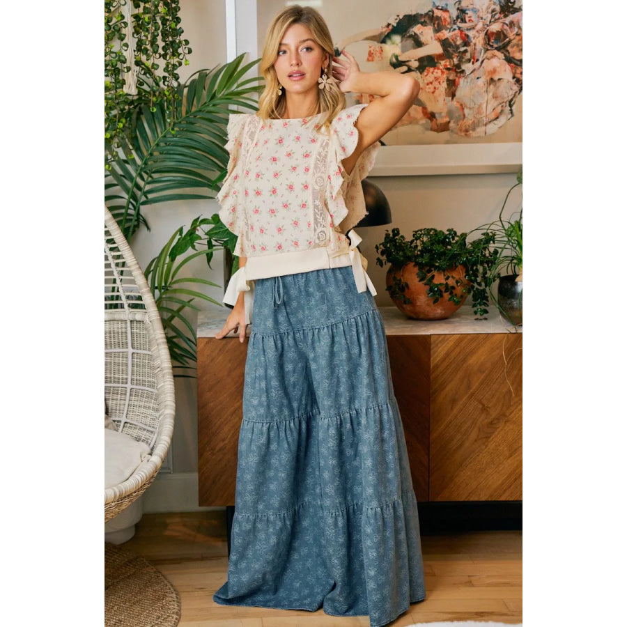 BiBi Flower Printed Ruffle Sleeve Trim Detail Top Apparel and Accessories