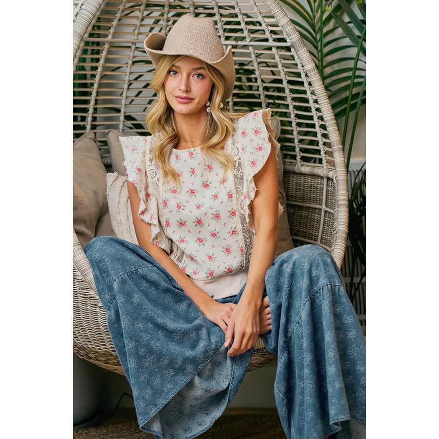 BiBi Flower Printed Ruffle Sleeve Trim Detail Top Apparel and Accessories