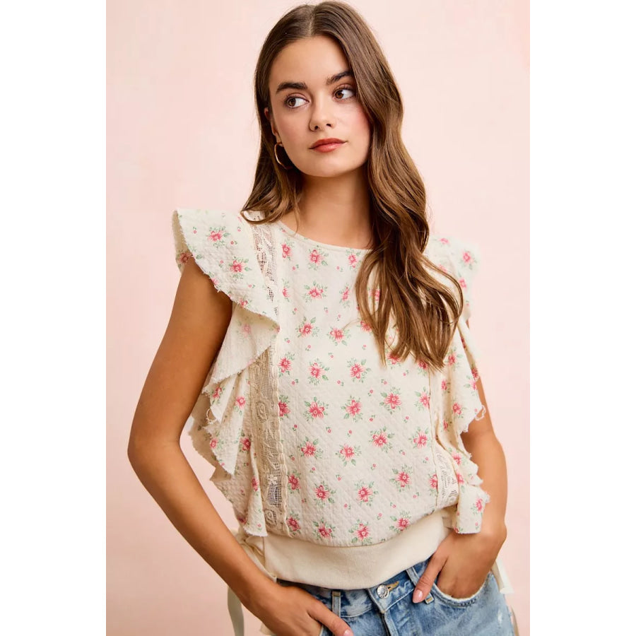 BiBi Flower Printed Ruffle Sleeve Trim Detail Top Apparel and Accessories