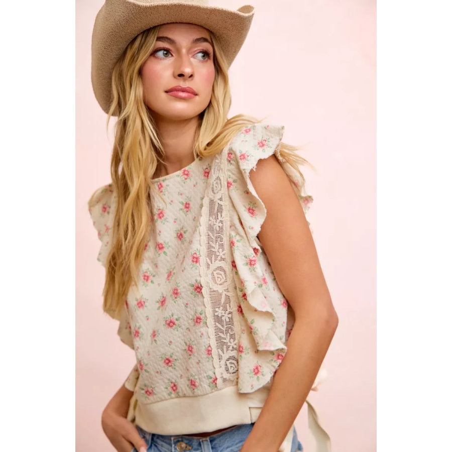 BiBi Flower Printed Ruffle Sleeve Trim Detail Top Apparel and Accessories
