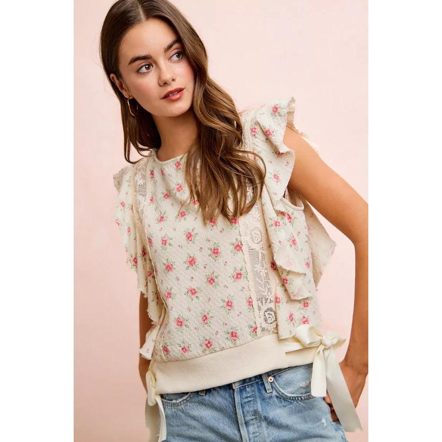 BiBi Flower Printed Ruffle Sleeve Trim Detail Top Apparel and Accessories