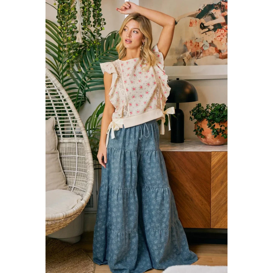 BiBi Flower Printed Ruffle Sleeve Trim Detail Top Apparel and Accessories