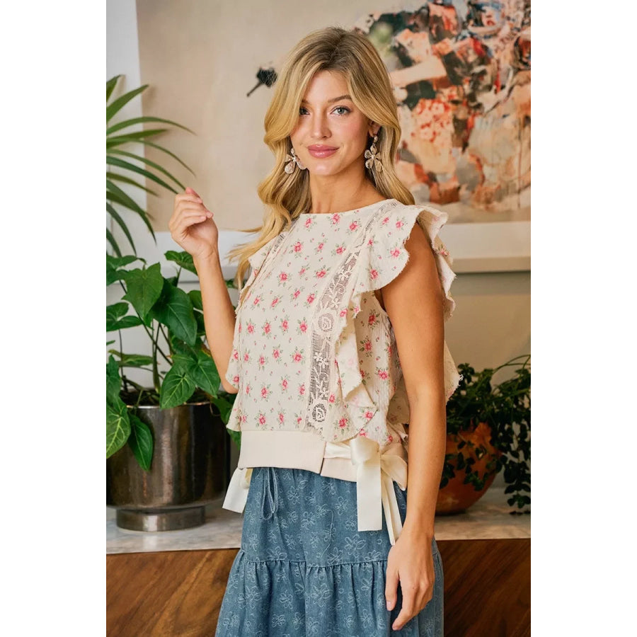 BiBi Flower Printed Ruffle Sleeve Trim Detail Top Apparel and Accessories