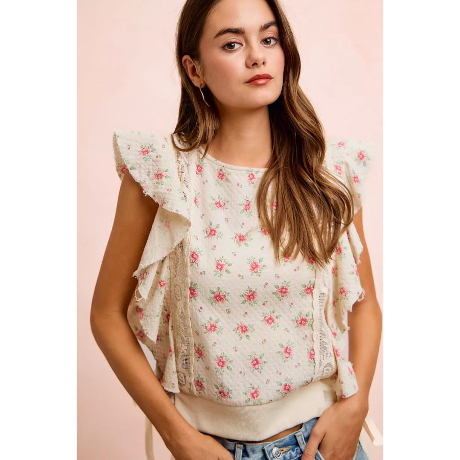 BiBi Flower Printed Ruffle Sleeve Trim Detail Top Apparel and Accessories