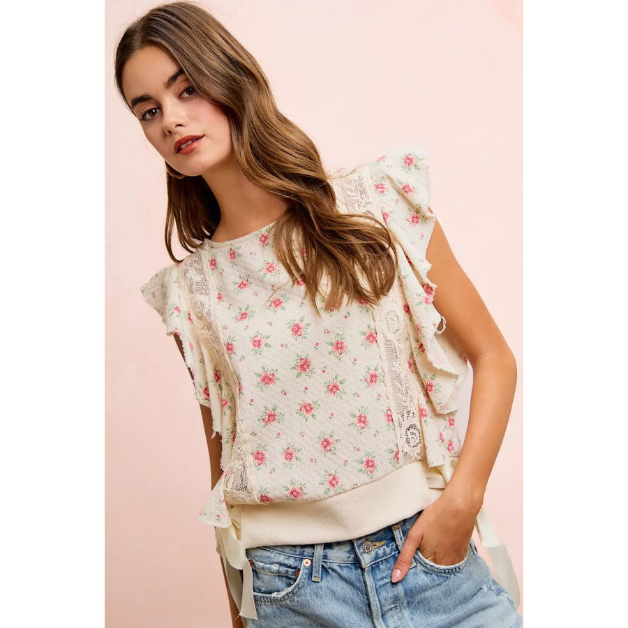 BiBi Flower Printed Ruffle Sleeve Trim Detail Top Apparel and Accessories