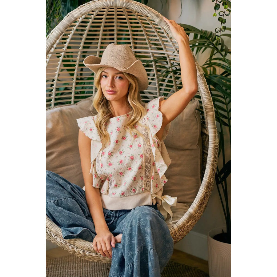 BiBi Flower Printed Ruffle Sleeve Trim Detail Top Apparel and Accessories